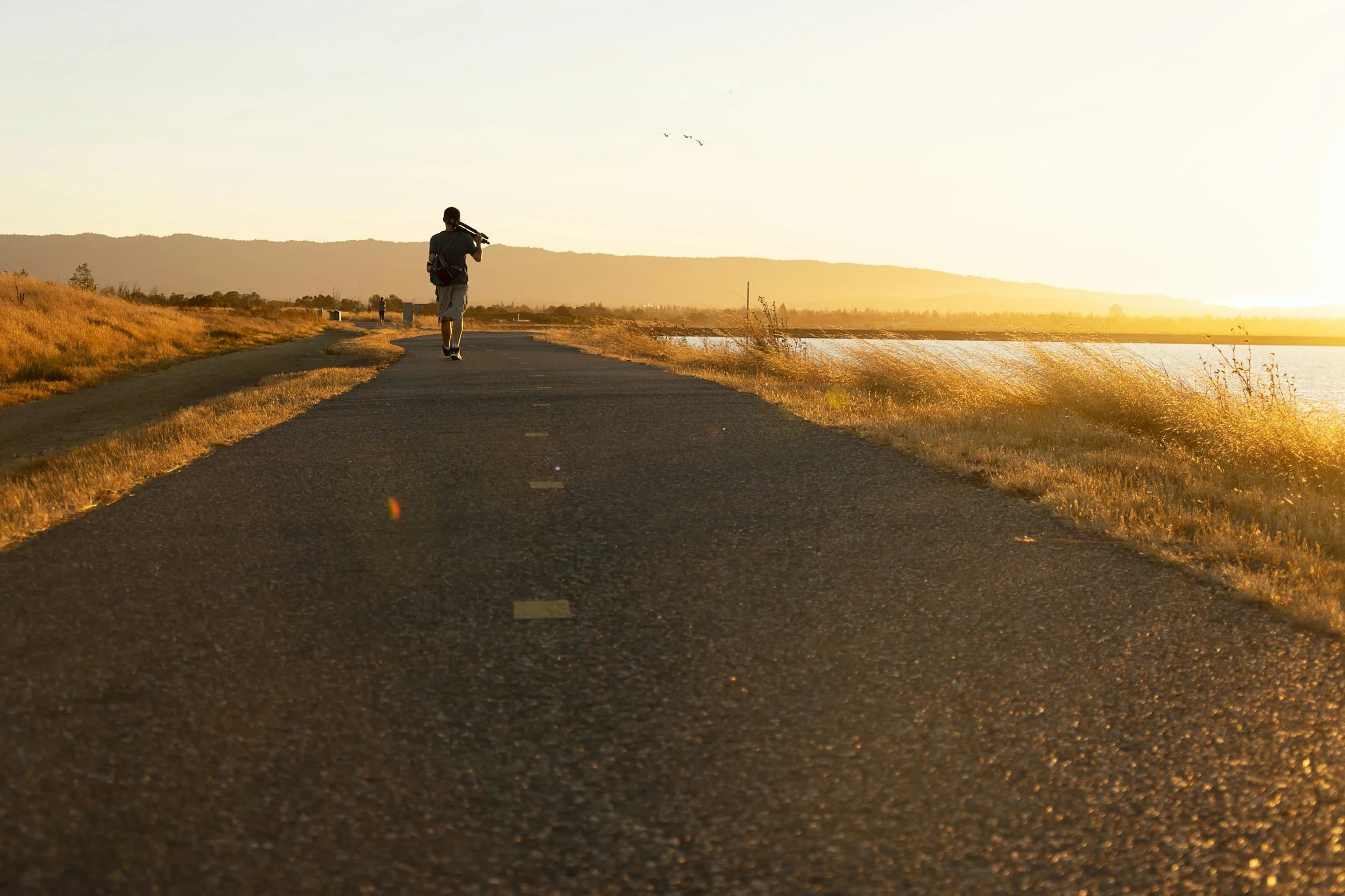 A person walking a sunlit path at dawn beside still water